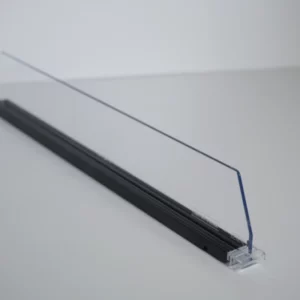 End divider D060 with E027 profile for A016, with front fixation, height 64mm, transparent