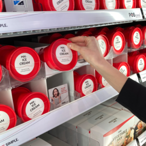POS-T Skadi Track Doublestack Presenter for round ice cream cups, for frozen shelves with upper bend